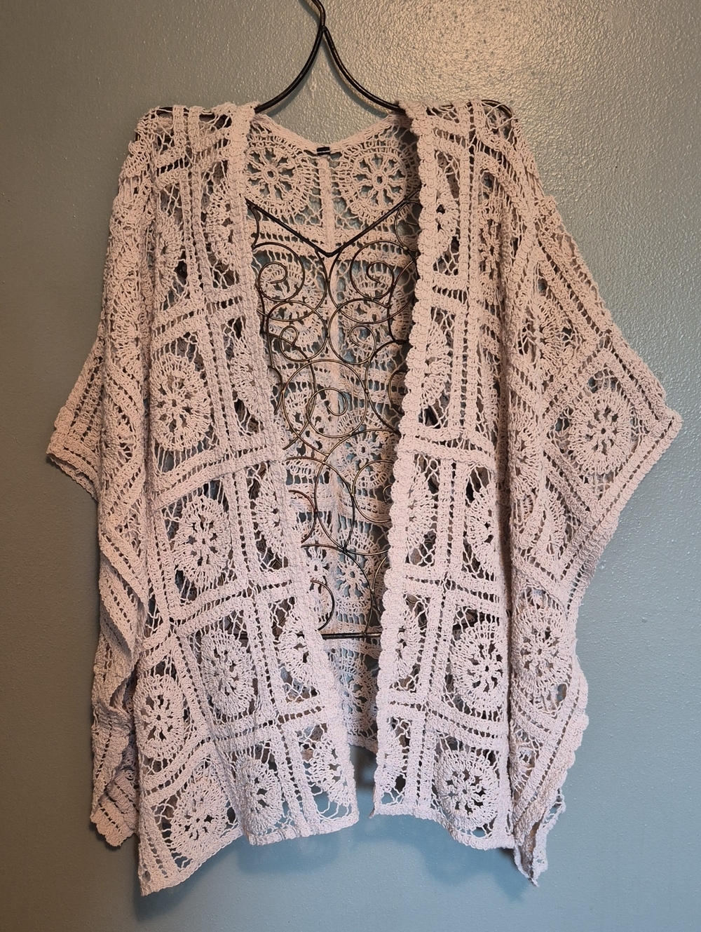 Crochet Granny Square Beige Open Cardigan Relaxed Floral XL.